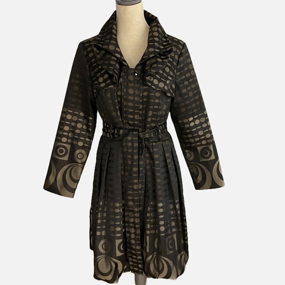 Samuel Dong Trench Dress Coat Bubble Hem Size Medium Brown Metallic Belted - Picture 10 of 10